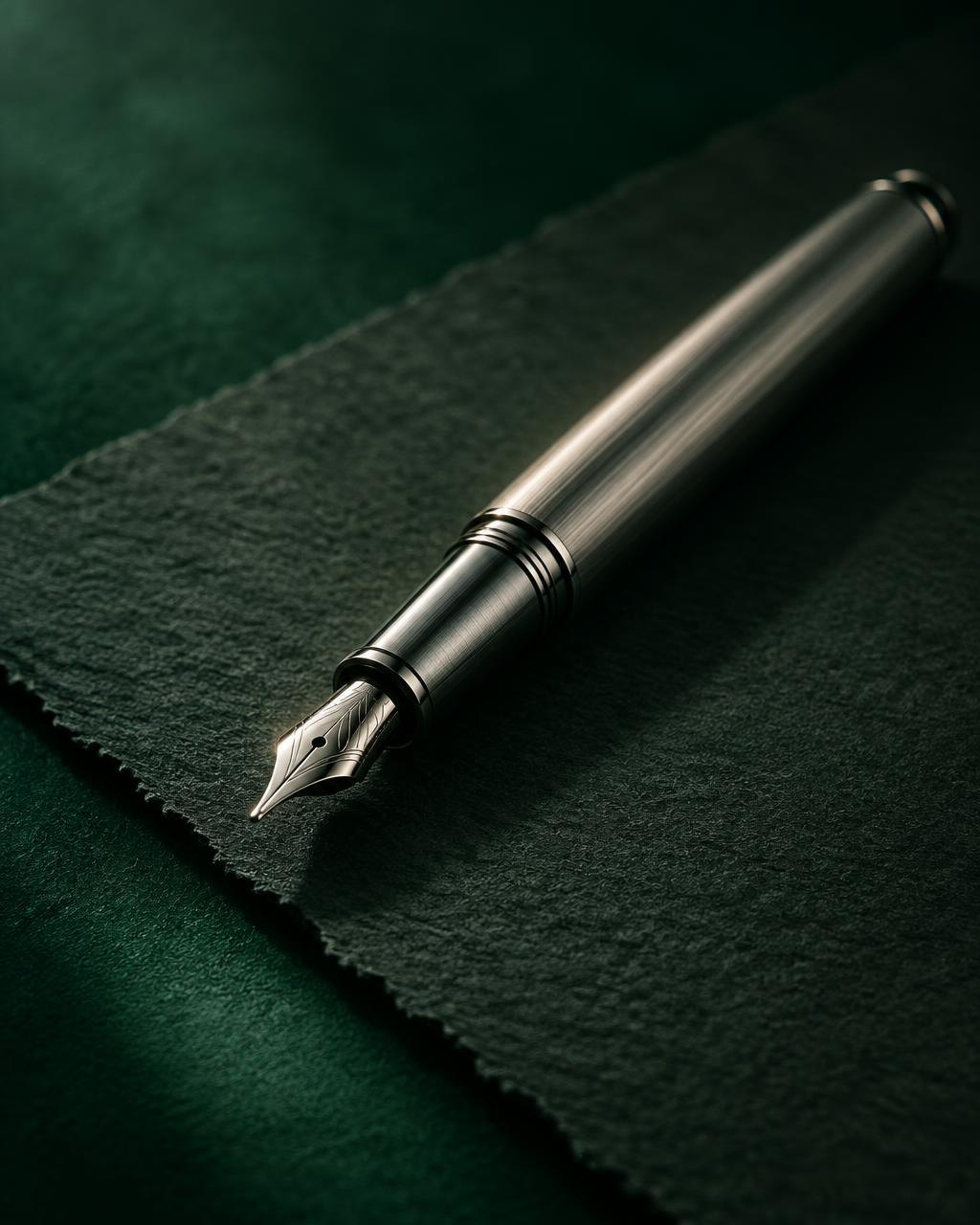 A brushed silver fountain pen resting on dark charcoal paper
